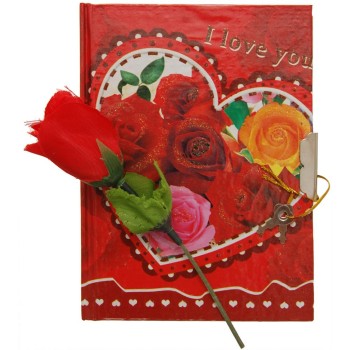 Комплект тефтер с ключ и цветни листи и червена роза