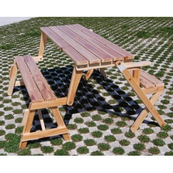 Мултифункционална градинска мебел - сгъваема дървена маса с пейки, трансформираща се в пейка