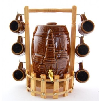 Керамично буренце с метална канелка на декоративна дървена поставка с 6 чашки
