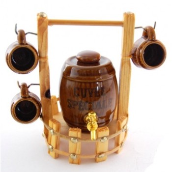 Керамично буренце с метална канелка на декоративна дървена поставка с 4 чашки