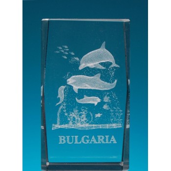 Безцветен стъклен куб с триизмерно гравирани четири делфина и рибки