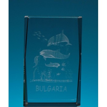 Безцветен стъклен куб с триизмерно гравирани четири делфин