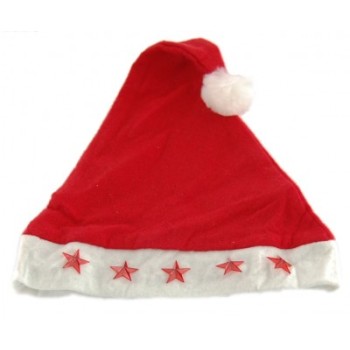 Коледна шапка от полар в бяло и червено с декоративни светещи звезди