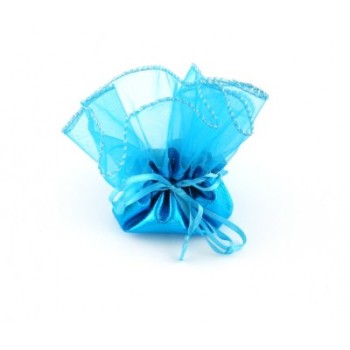 Луксозна подаръчна торбичка тюл - син, със сатенена панделка