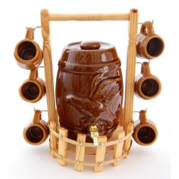 Керамично буренце с метална канелка на декоративна дървена поставка с 6 чашки