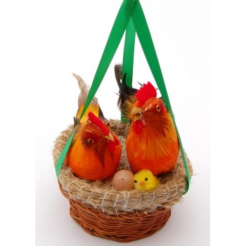 Декоративни музикални фигурки - Великденски петел и кокошка с пиленце и яйце в кошничка