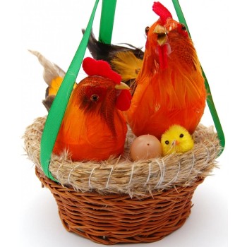 Декоративни музикални фигурки - Великденски петел и кокошка с пиленце и яйце в кошничка