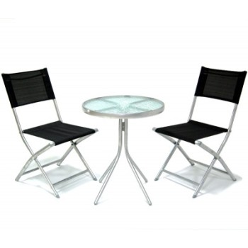 Комплект мебели с метална конструкция, маса със стъклен плот и два сгъваеми стола с текстилни облегалка и седалка