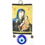 Тъкана икона текстил със синьо око (назар) - Богородица с младенеца