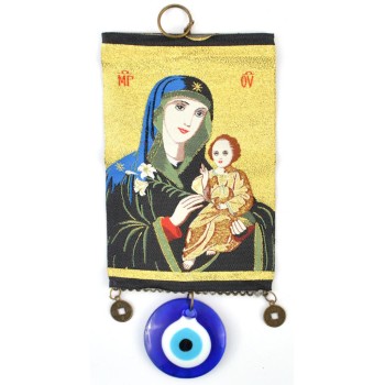 Тъкана икона текстил със синьо око (назар) - Богородица с младенеца