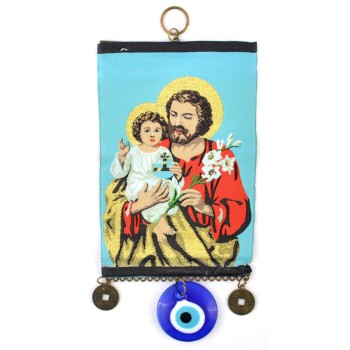 Тъкана икона текстил със синьо око (назар) - Исус с дете на ръце и цвете