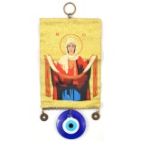 Тъкана икона текстил със синьо око (назар) - Дева Мария