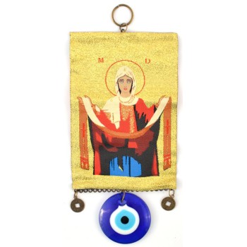 Тъкана икона текстил със синьо око (назар) - Дева Мария