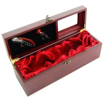 Луксозен комплект за вино - тирбушон и тапа  в масивна дървена кутия със сатенирано отделение за бутилка