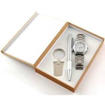 Луксозен подаръчен комплект - химикал, мъжки часовник и ключодържател