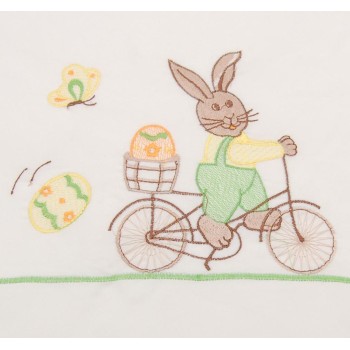 Красива покривка за маса извезана с фини и сложни Великденски фигури - заек върху колело