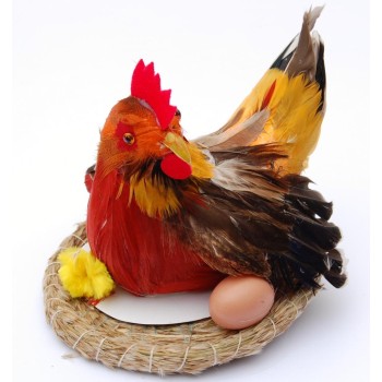 Декоративна музикална фигурка в кошничка - кокошка, пиленце и 2 яйца