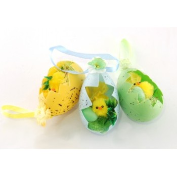 Комплект от три броя декоративни Великденски яйца с пиленце - 8см