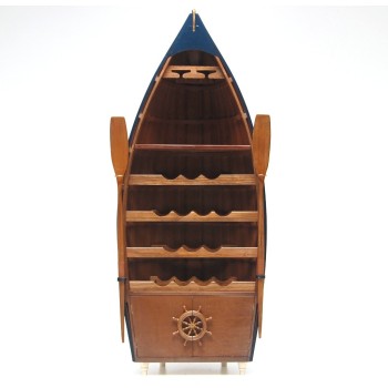 Декоративна поставка за вино - дървена лодка с гребла, четири рафта с място за четиринайсет бутилки
