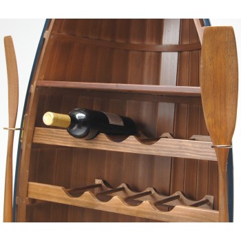 Декоративна поставка за вино - дървена лодка с гребла, четири рафта с място за четиринайсет бутилки