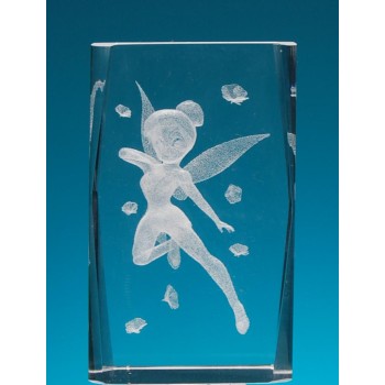 Безцветен стъклен куб с триизмерно гравирана фея - Звънче