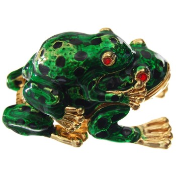 Декоративна метална кутийка за бижута - две зелени жабки една върху друга, Жабките са декорирани с цветни камъни