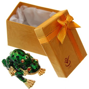 Декоративна метална кутийка за бижута - две зелени жабки една върху друга, Жабките са декорирани с цветни камъни
