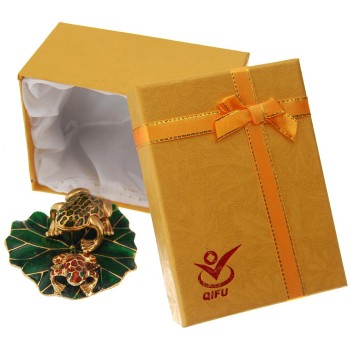 Декоративна метална кутийка за бижута - жабка с малка жабка върху зелен лист от лилия