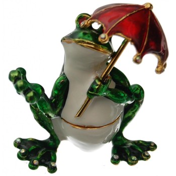 Декоративна метална кутийка за бижута - жабка с червен чадър