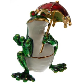 Декоративна метална кутийка за бижута - жабка с червен чадър