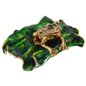 Декоративна метална кутийка за бижута - жабка върху зелен лист от лилия