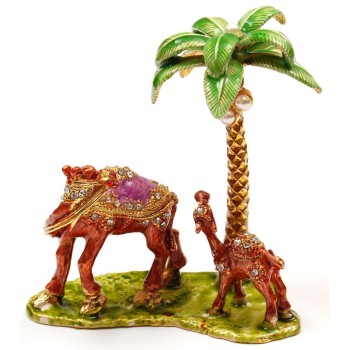 Декоративна метална кутийка за бижута - камила с малкото си до палма
