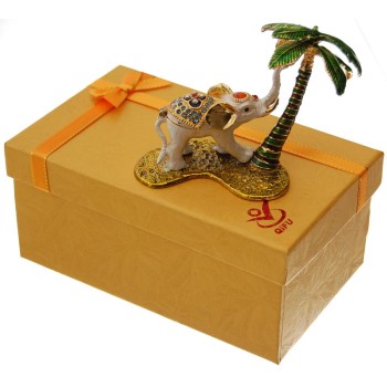 Декоративна метална кутийка за бижута - бяло слонче с палма до него