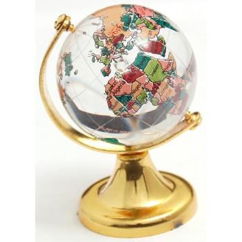Декоративен, цветен глобус от стъкло със златиста поставка