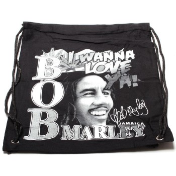 Мешка, изработена от черен бризентов плат с две щампи и черни въжета - Bob Marley