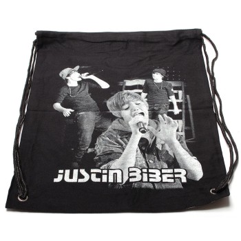 Мешка, изработена от черен бризентов плат с две щампи и черни въжета - Justin Bieber