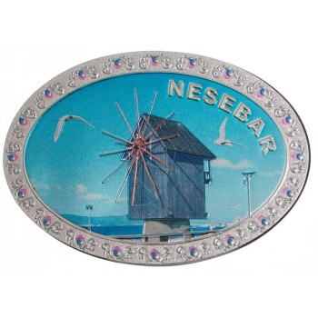 Магнитна овална пластинка с цветна графика - Вятърната мелница в Несебър