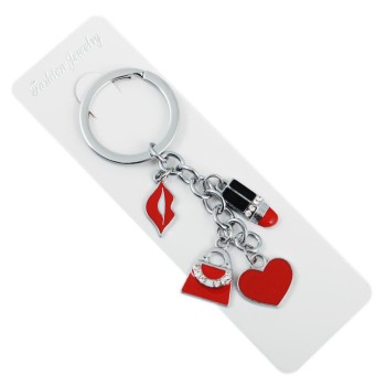 Сувенирен метален ключодържател - четири фигурки - чанта, устни, червило и сърце