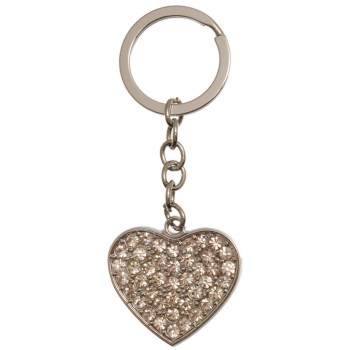 Сувенирен метален ключодържател - сърце, декорирано с бели камъни