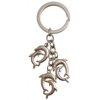 Сувенирен метален ключодържател - три двойни делфина, декорирани с бели камъни