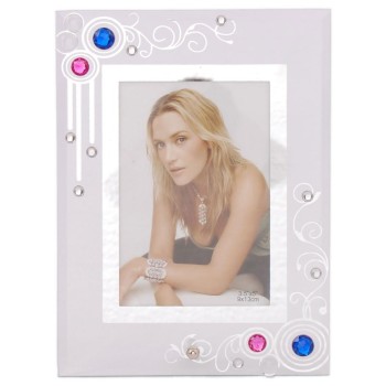 Стъклена рамка за снимка, декорирана с красиви орнаменти, бели и цветни камъни