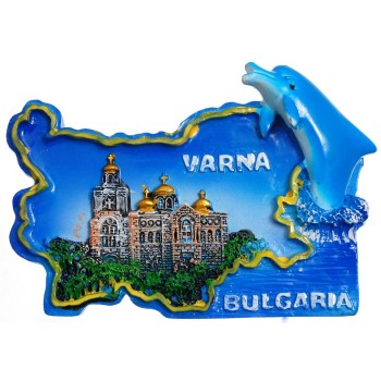 Сувенирена релефна фигурка с магнит - контури на България с делфин - Варненската катедрала