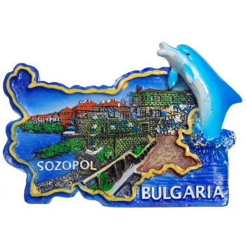 Сувенирена релефна фигурка с магнит - контури на България с делфин - Созопол