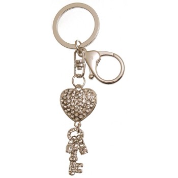 Сувенирен метален ключодържател - сърце и ключ, инкрустирани с бели камъни