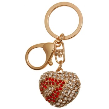 Сувенирен метален ключодържател - сърце, декорирано с бели и цветни камъни