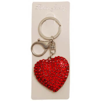 Сувенирен метален ключодържател - сърце, инкрустирано с червени камъни