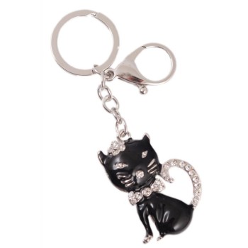 Сувенирен метален ключодържател - черна котка, инкрустирана с бели камъни