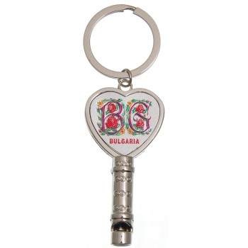 Сувенирен метален ключодържтел - свирка - надпис BG, украсен с рози