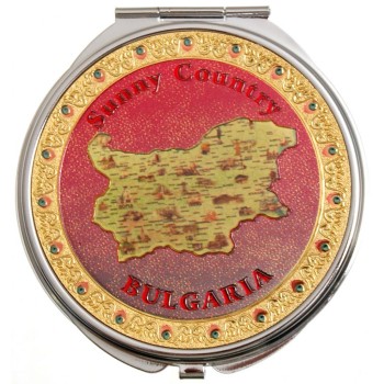Сувенирно джобно огледало метал с капаче с декорирация - контури на България