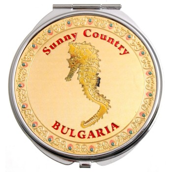 Сувенирно джобно огледало метал с капаче с декорирация - морско конче и надпис България